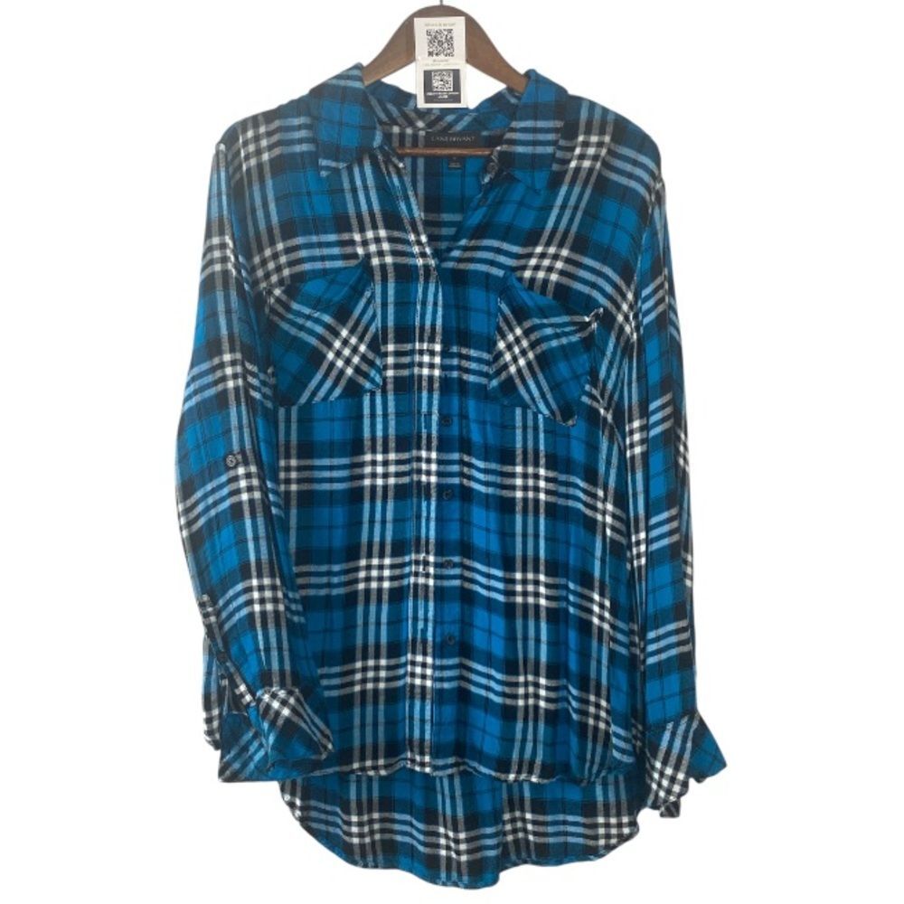 Lane Bryant Blue and Black Plaid Button-Up Shirt// 18